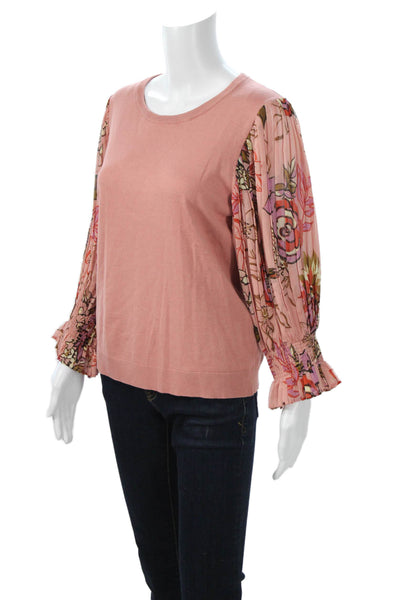 Adrianna Papell Women Bohemian Pink Floral Crew Neck Long Sleeve Blouse Size M