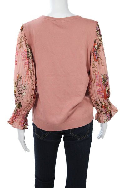 Adrianna Papell Women Bohemian Pink Floral Crew Neck Long Sleeve Blouse Size M
