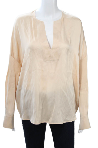 Vince Womens Tunic Blouse Beige V-Neck Button Long Sleeve Silk Blend Size M