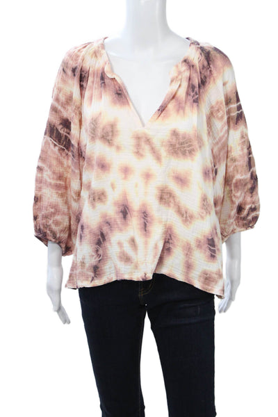 Nation LTD Women Beige Tunic Blouse V Neck 3/4 Sleeve Cotton Boho Size M