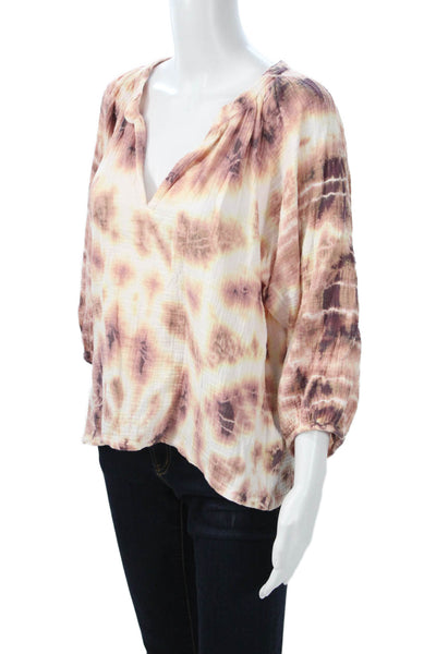 Nation LTD Women Beige Tunic Blouse V Neck 3/4 Sleeve Cotton Boho Size M