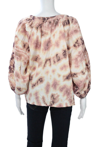 Nation LTD Women Beige Tunic Blouse V Neck 3/4 Sleeve Cotton Boho Size M