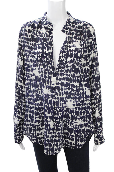 Fifteen Twenty Womens Dark Blue Silk Geometric Button Long Sleeve Blouse Size S