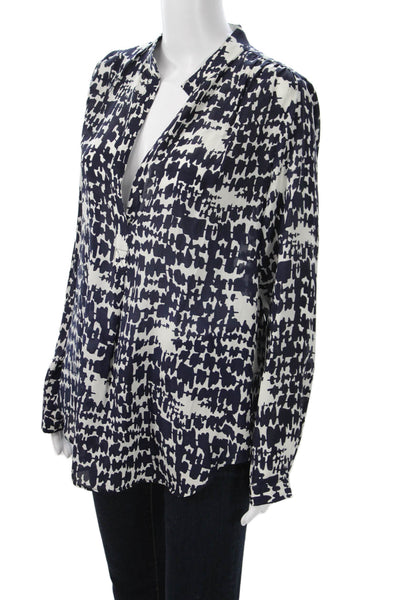 Fifteen Twenty Womens Dark Blue Silk Geometric Button Long Sleeve Blouse Size S