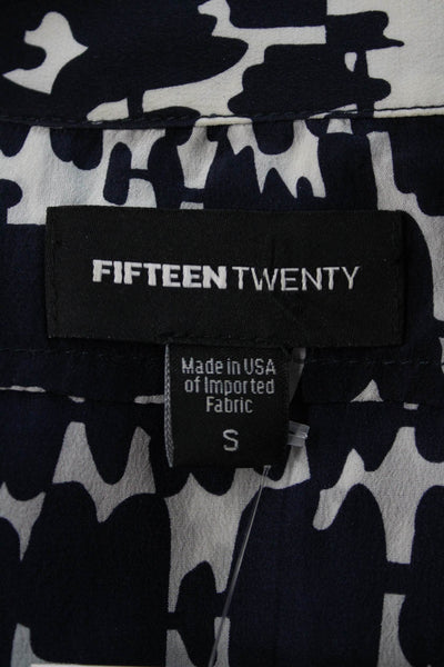 Fifteen Twenty Womens Dark Blue Silk Geometric Button Long Sleeve Blouse Size S