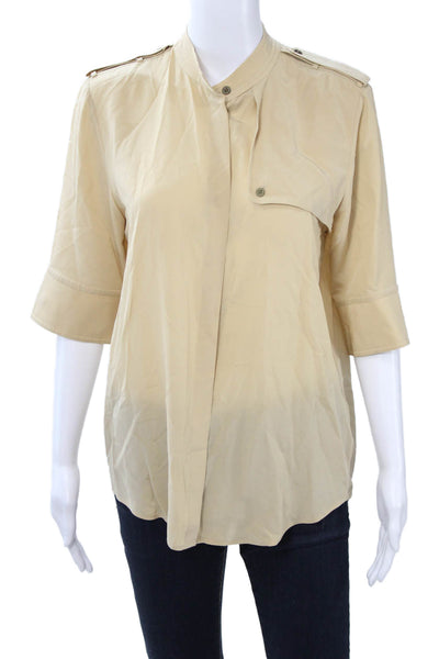 Club Monaco Women Beige High Neck Button-Up Blouse 3/4 Sleeve Size M