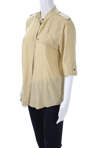 Club Monaco Women Beige High Neck Button-Up Blouse 3/4 Sleeve Size M