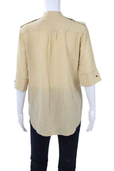 Club Monaco Women Beige High Neck Button-Up Blouse 3/4 Sleeve Size M