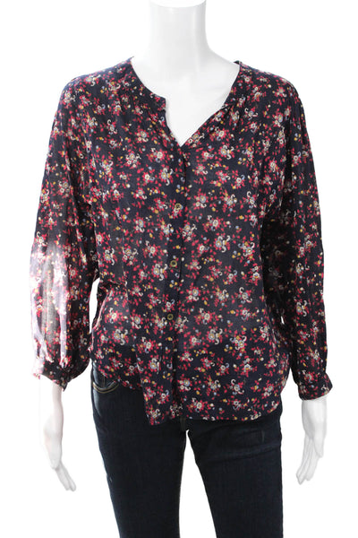 Xirena Women Dark Blue Floral Cotton Button Up Blouse Long Sleeve Size M