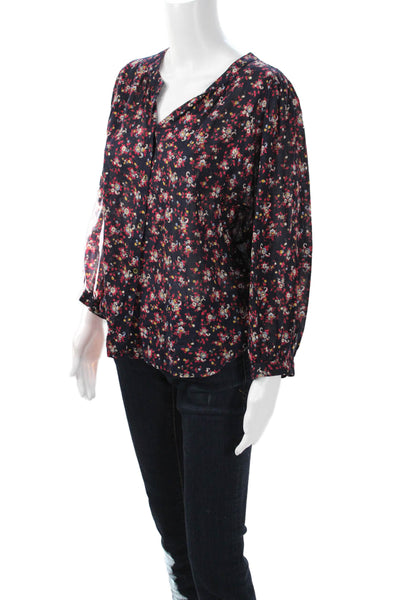 Xirena Women Dark Blue Floral Cotton Button Up Blouse Long Sleeve Size M