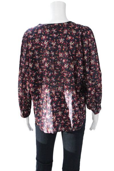 Xirena Women Dark Blue Floral Cotton Button Up Blouse Long Sleeve Size M