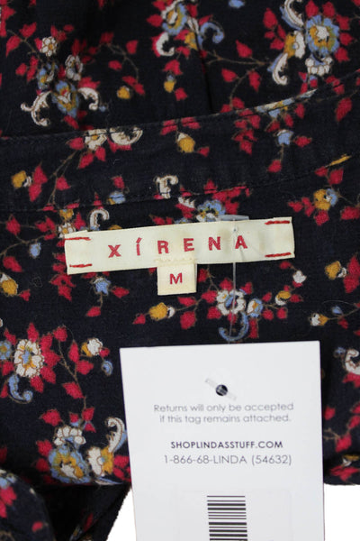 Xirena Women Dark Blue Floral Cotton Button Up Blouse Long Sleeve Size M