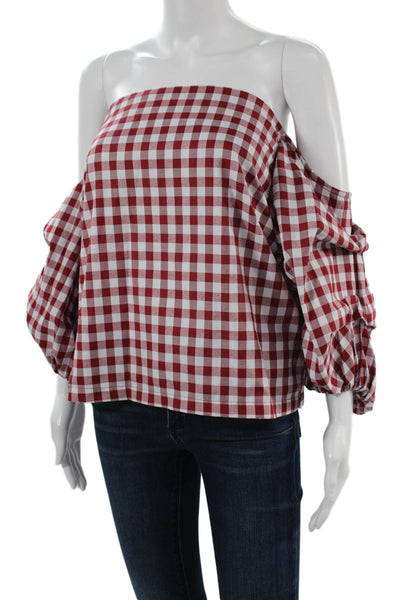MLM Label Women Red Check Square Neck Long Sleeve Classic Blouse Size XS