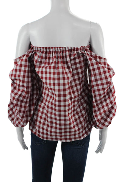 MLM Label Women Red Check Square Neck Long Sleeve Classic Blouse Size XS