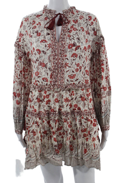 Ulla Johnson Women Shirt Dress Beige Floral High Neck Long Sleeve Cotton Size 0