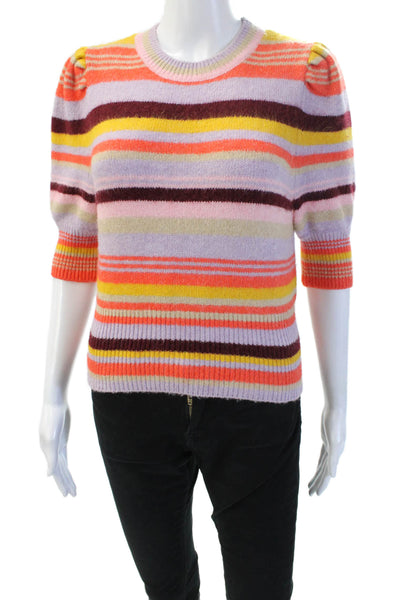 Zara Unisex Pullover Sweater Orange Striped Crew Neck 3/4 Sleeve Size S