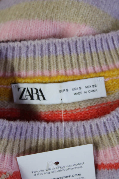 Zara Unisex Pullover Sweater Orange Striped Crew Neck 3/4 Sleeve Size S