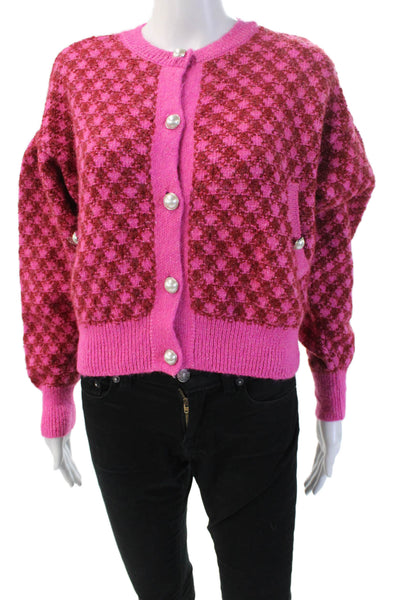 Zara Unisex Cardigan Pink Check Button Crew Neck Long Sleeve Size S