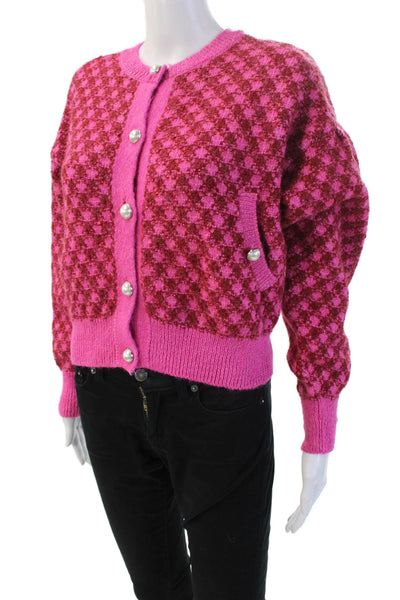Zara Unisex Cardigan Pink Check Button Crew Neck Long Sleeve Size S