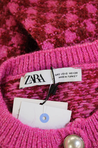 Zara Unisex Cardigan Pink Check Button Crew Neck Long Sleeve Size S