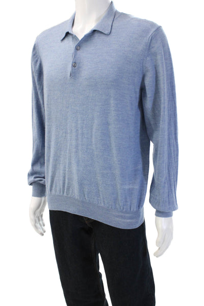 Enzo Mantovani Mens Point Collar Polo Merino Wool Blue Button Sweater Size XL