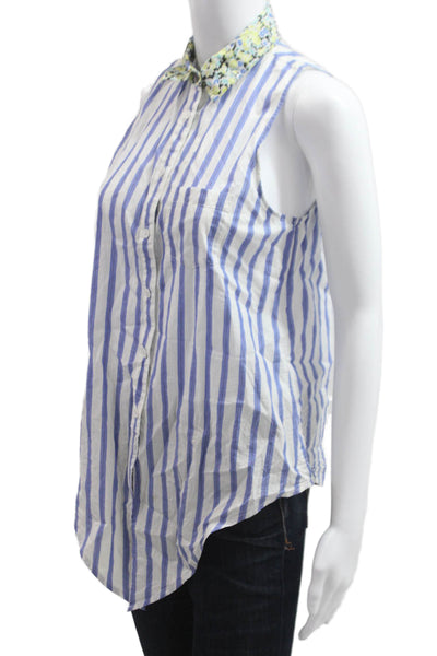 Equipment Femme Womens Sleeveless Button Up Blouse Striped Blue Size XS