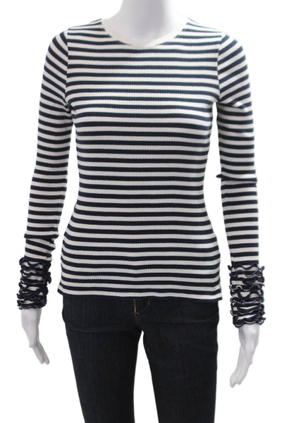 Tanya Taylor Womens Striped Black Cotton Long Sleeve T-Shirt Crewneck Size XS