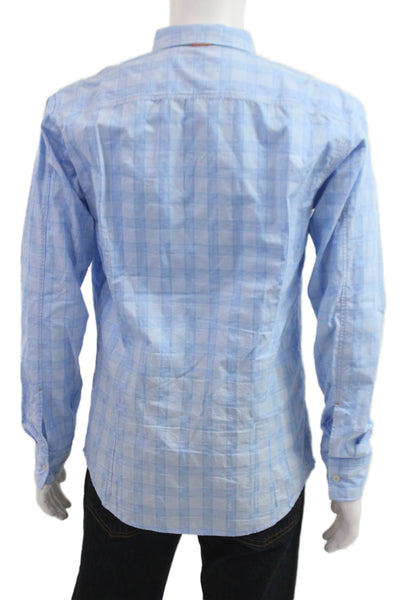 Boss Hugo Boss Mens Button-Down Long Sleeve Check Cotton Light Blue Size L