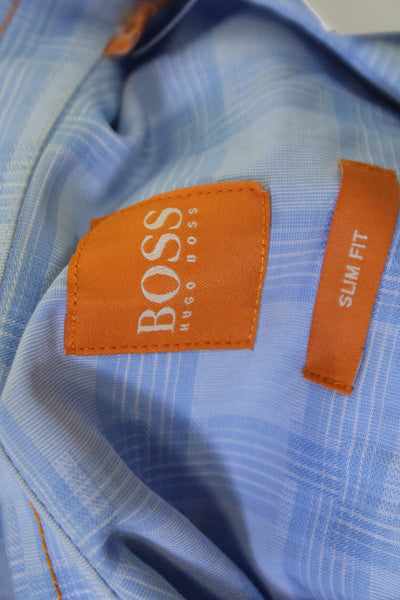 Boss Hugo Boss Mens Button-Down Long Sleeve Check Cotton Light Blue Size L