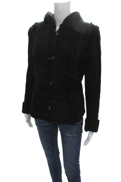 Doma Womens Black Leather Jacket Button High Neck Long Sleeve Size M