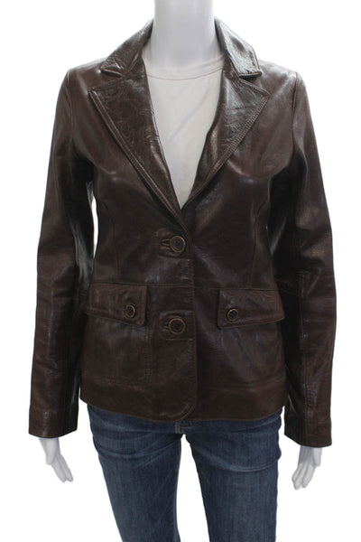 Doma Women Leather Blazer Brown Collared Button Long Sleeve Size XS