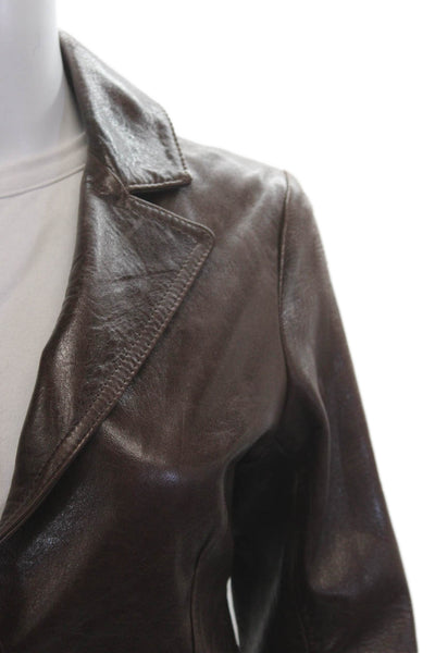 Doma Women Leather Blazer Brown Collared Button Long Sleeve Size XS
