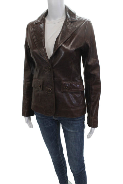 Doma Women Leather Blazer Brown Collared Button Long Sleeve Size XS