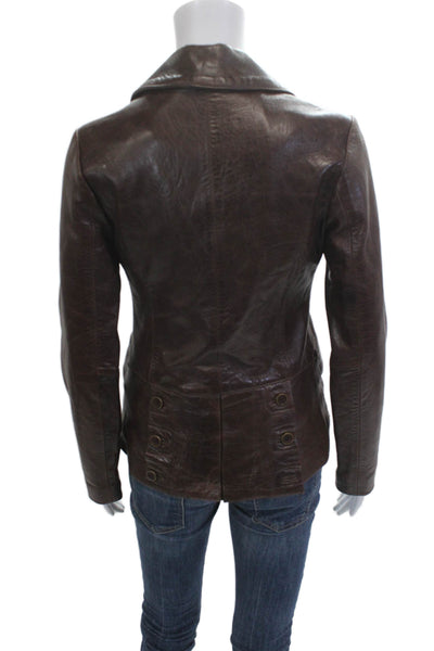 Doma Women Leather Blazer Brown Collared Button Long Sleeve Size XS