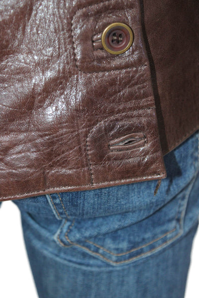 Doma Women Leather Blazer Brown Collared Button Long Sleeve Size XS