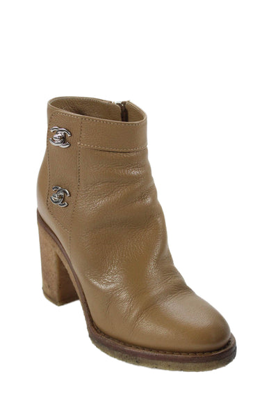 Chanel Womens Side Zip Block Heel CC Turnlock Booties Brown Leather Size 37