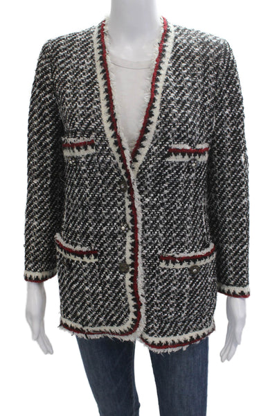 Zara Womens Blazer Black Herringbone V Neck Button Long Sleeve Acrylic Size S