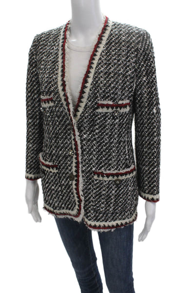 Zara Womens Blazer Black Herringbone V Neck Button Long Sleeve Acrylic Size S