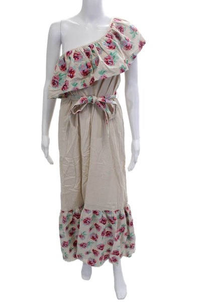 Pampelone Women Maxi Sundress Beige Floral Cotton Linen Tie Waist Size S