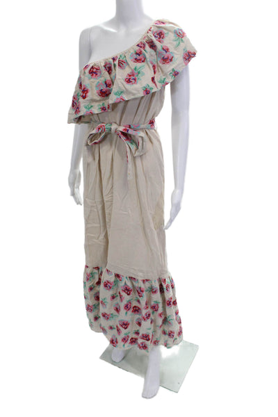 Pampelone Women Maxi Sundress Beige Floral Cotton Linen Tie Waist Size S