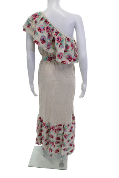 Pampelone Women Maxi Sundress Beige Floral Cotton Linen Tie Waist Size S