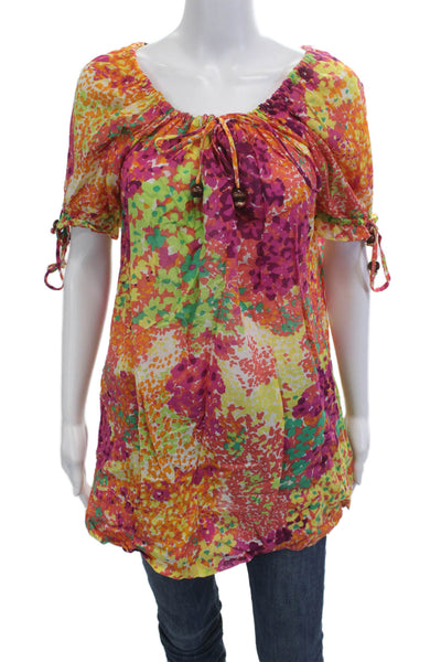 Shoshanna Womens Tunic Blouse Green Floral Round Neck Short Sleeve Cotton Size S