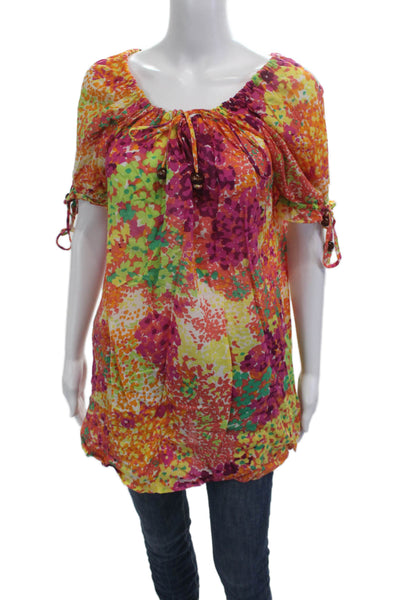 Shoshanna Womens Tunic Blouse Green Floral Round Neck Short Sleeve Cotton Size S