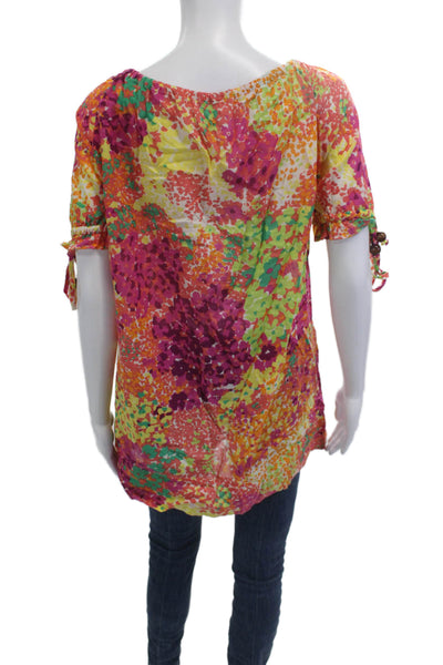 Shoshanna Womens Tunic Blouse Green Floral Round Neck Short Sleeve Cotton Size S