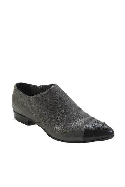 Chanel Womens Leather Cap Toe Zip Flat Oxford Shoes Gray Black Size 38