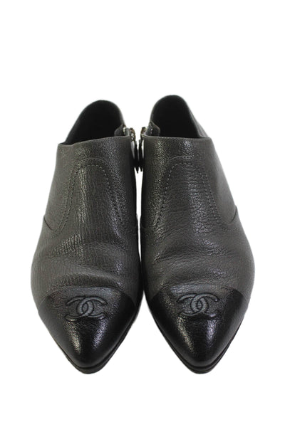 Chanel Womens Leather Cap Toe Zip Flat Oxford Shoes Gray Black Size 38
