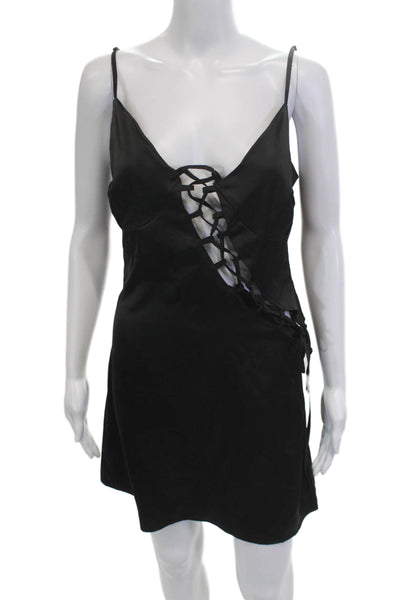 Nasty Gal Womens Mini Slip Dress Black V-Neck Lace Up Sleeveless Gothic Size 6