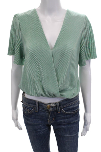 ASTR Womens Cropped Striped V-Neck Short Sleeve Green Blouse Size S