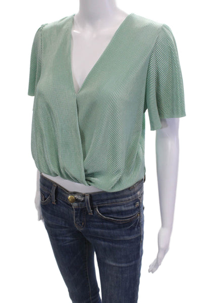 ASTR Womens Cropped Striped V-Neck Short Sleeve Green Blouse Size S