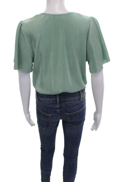 ASTR Womens Cropped Striped V-Neck Short Sleeve Green Blouse Size S